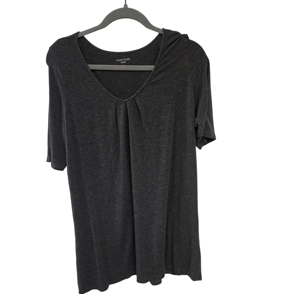 EILEEN FISHER Charcoal Gray V‎ Neck Pleated Front 3/4 Sleeve Tunic Top L